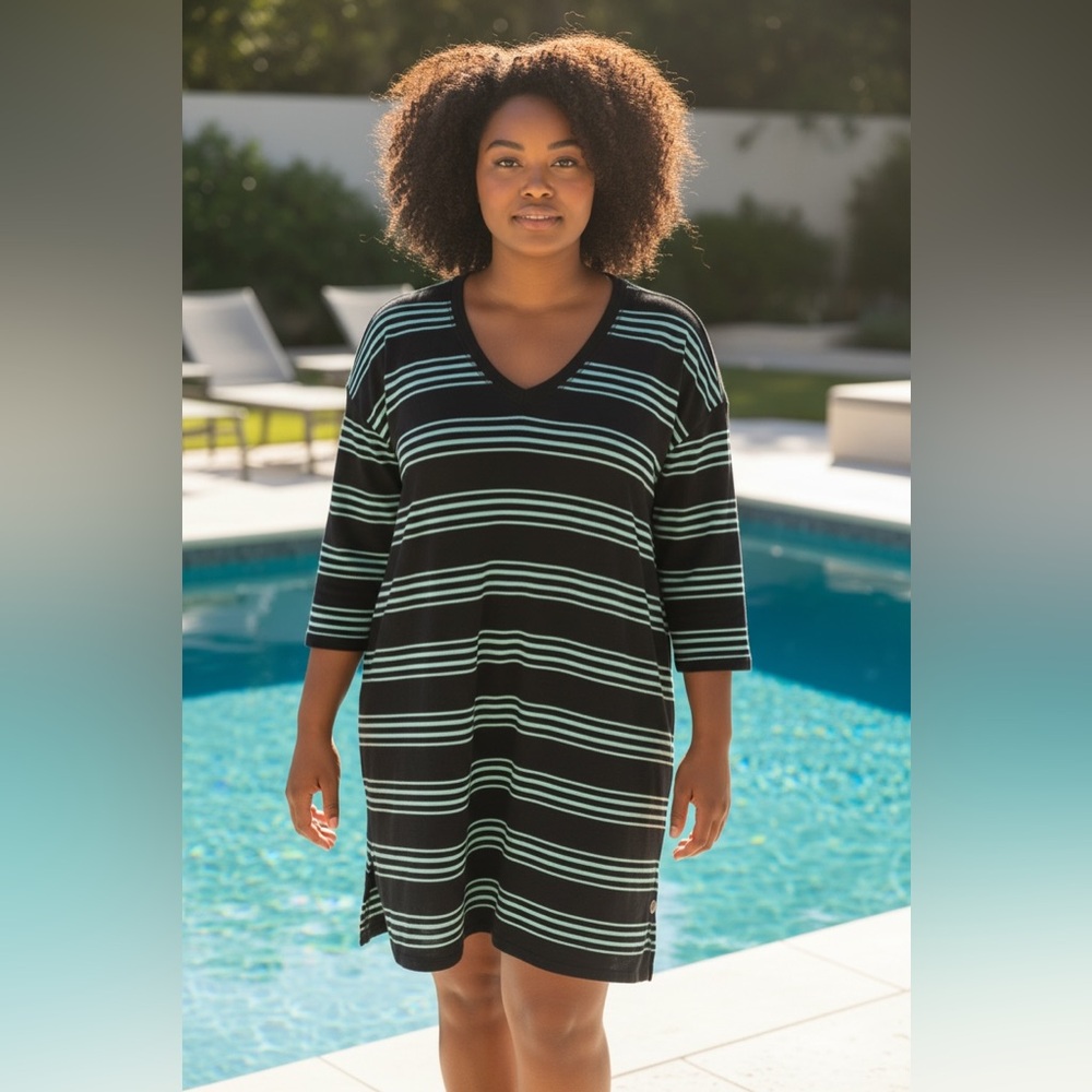 Talbots Navy and Light Blue Striped Swim Cover-Up UPF 50+ Top Resortwear Summer